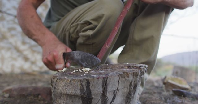 Close-up View of a Man Chopping Wood with an Axe - Download Free Stock Images Pikwizard.com