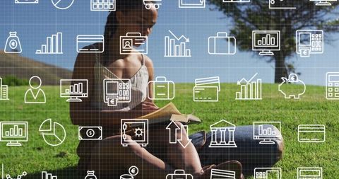 Woman Relaxing by Lake with Financial Future Concept Overlay