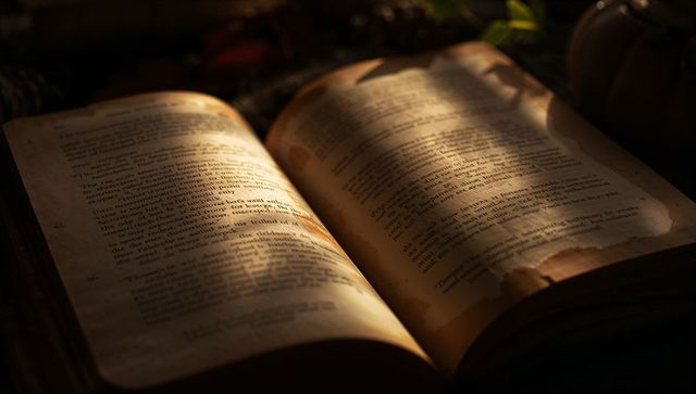 Sunlight falling on antique open book with yellowed pages, leaf shadows and water stains
