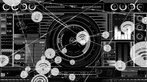 Futuristic Digital Network Interface with Data Visualizations