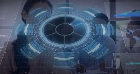 Collaborating team viewing holographic hud data dashboard during corporate strategy meeting