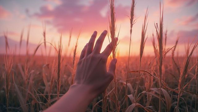 Hand touching wheat stalks in sunset field