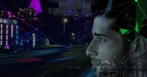 Male Profile Overlaid with Futuristic Urban Network Vector Lines