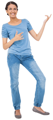 Joyful Woman in Blue Jeans Playing Air Guitar on Transparent Background