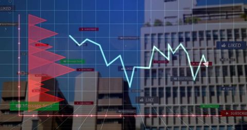 Visualizing financial analytics overlaying 3d data grid on urban office skyline