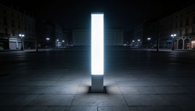 Illuminating Vertical Light Column in Empty Urban Plaza at Night with Symmetrical Tiles