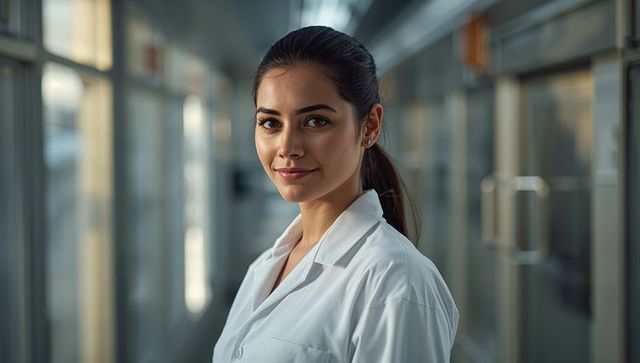 Confident lab professional wearing white coat standing in glass corridor