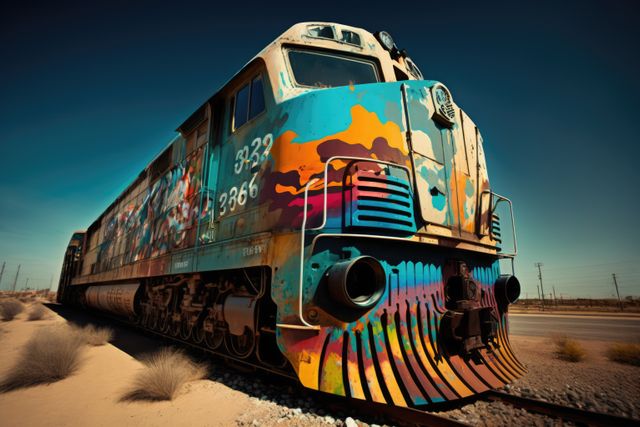 Graffiti-covered train standing in an arid desert landscape under a clear blue sky. Ideal for illustrations of urban exploration, travel, art and creative expression, as well as stories of abandonment and adventure.