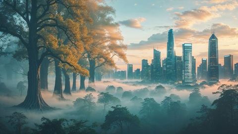 Golden-Hued Misty Forest Edge with Skyscraper Silhouettes at Dawn