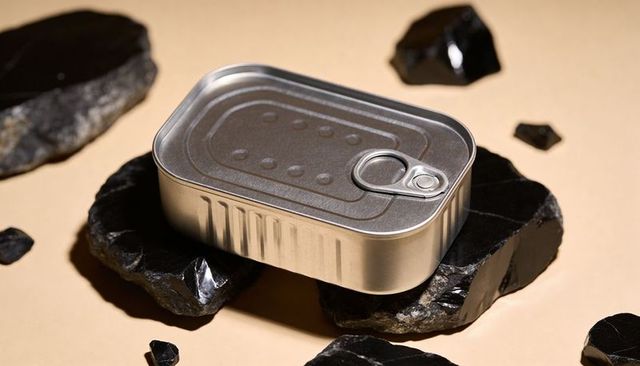 Minimalist closed metal tin with pull-tab sitting on glossy obsidian rocks, studio lit