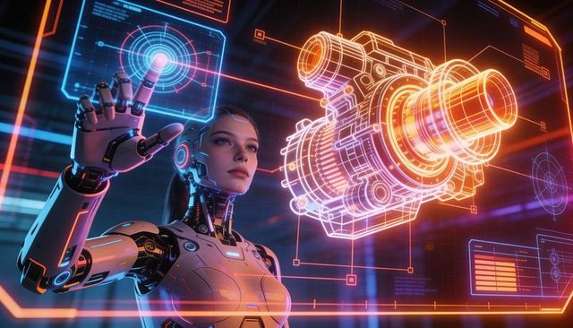 Female humanoid robot manipulating holographic engine with neon hud and cybernetic detail