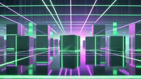Futuristic Digital Art With Neon Grid and Dark Cubes