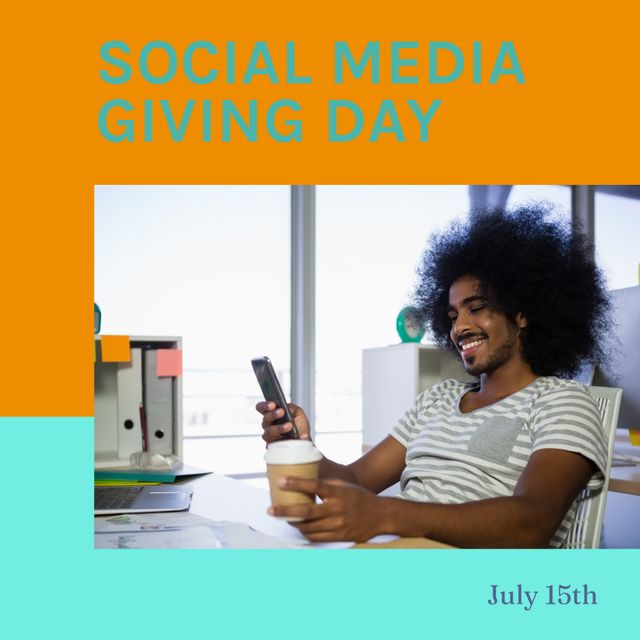 Social Media Giving Day Celebration with Young Man Using Smartphone - Download Free Stock Templates Pikwizard.com