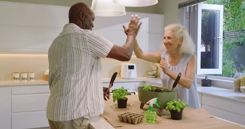 Senior couple high-fiving during indoor herb planting in modern kitchen