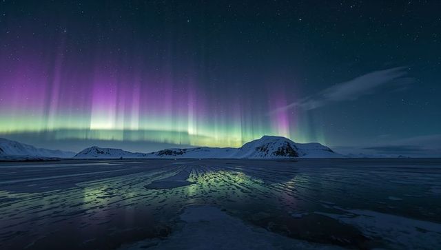 Aurora borealis over snowy arctic mountains and icy shoreline