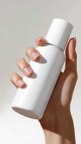 Hand rotating white skincare bottle revealing cap seam in minimalist vertical product video