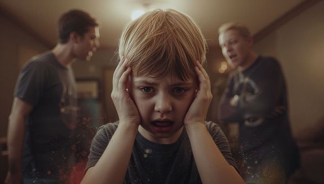 Distraught child covering ears amidst argue parents in living room