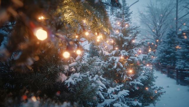 Sparkling snow-covered christmas lights on pine trees with fence
