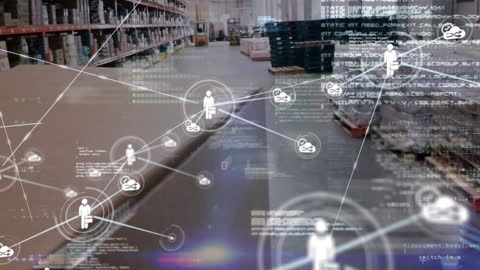 Futuristic Warehouse Technology with Digital Network Overlay