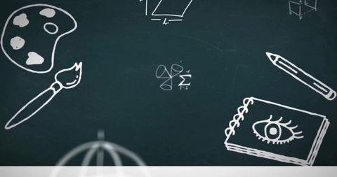 Hand-drawn chalkboard doodles showing creative tools, math formulas, notebook and pencil