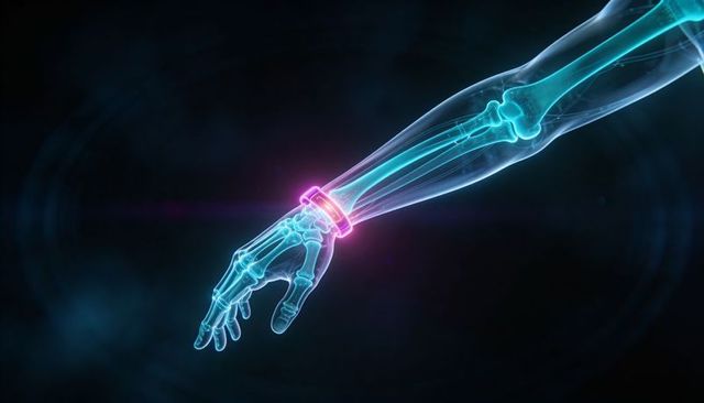 Displaying holographic forearm revealing skeletal anatomy with magenta smart wristband