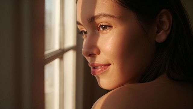 Young woman gazing through window with golden muntin shadows and dewy glowing skin