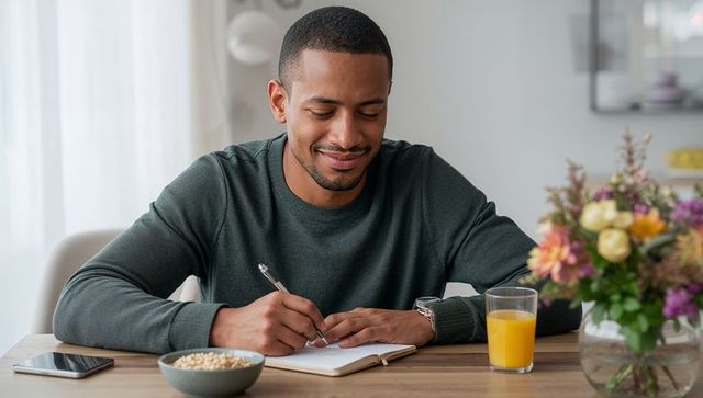 Journaling man writing in notebook at breakfast table with orange juice and flower vase