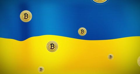 Bitcoin Symbols Over Ukrainian Flag Representing Digital Financial Concept