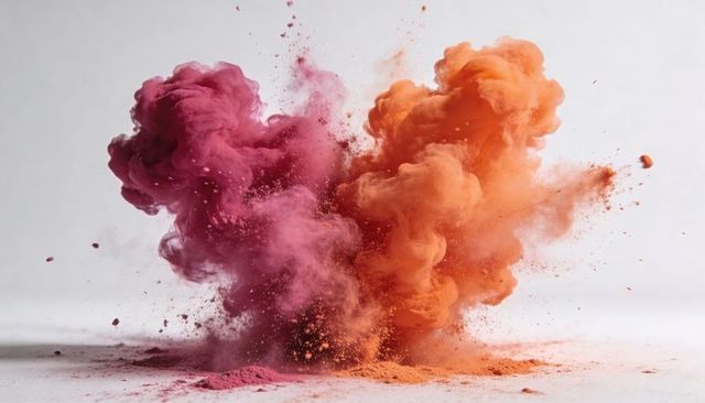 Exploding Magenta and Orange Powder Clouds Colliding into Dynamic Duotone Dust Plumes