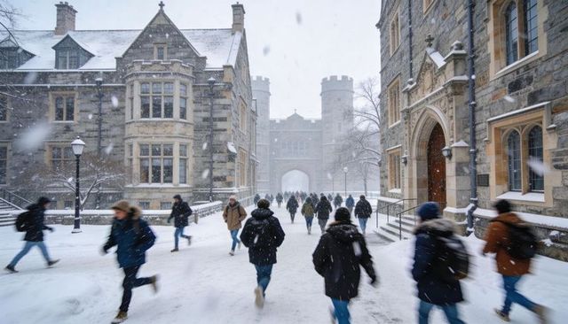 Students walking through snowy gothic university campus archway during heavy winter snowfall