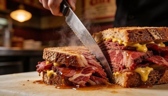 Sizzling pastrami on rye being sliced with serrated knife, melting mustard dripping