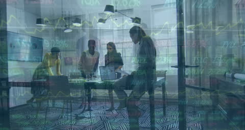 Multiracial Team Collaborating with Financial Data Overlaying