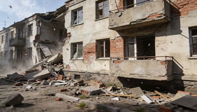 Residential block collapsing into rubble with exposed rebar and scattered bricks