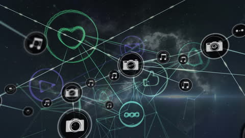 Digital Network of Icons in Cloudy Skyline