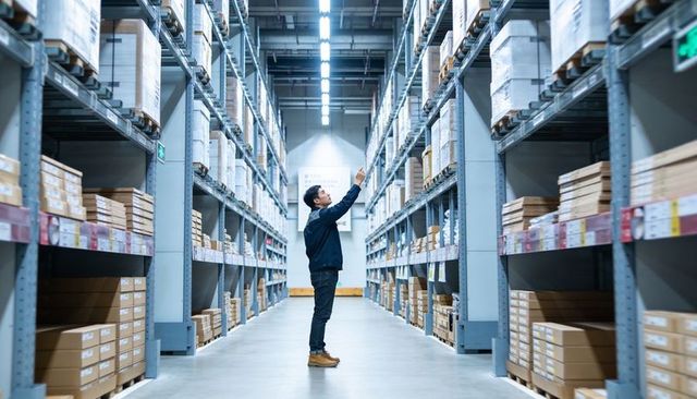 Reaching warehouse worker selecting box from high shelf in modern distribution center