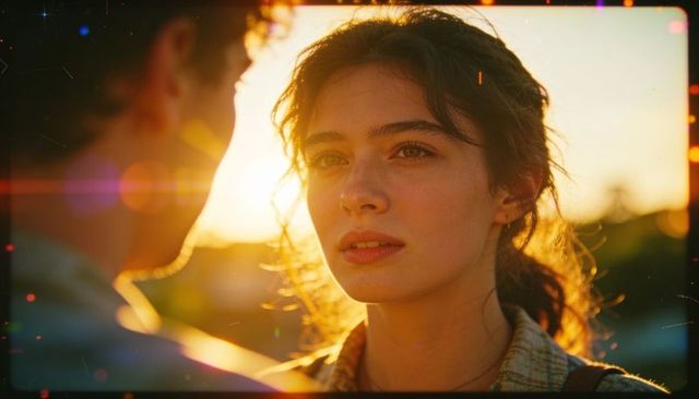 Young woman gazing at partner during golden hour backlit portrait with cinematic grain