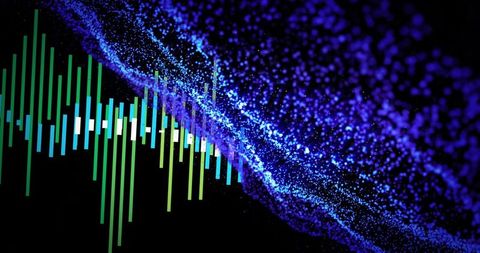 Neon Equalizer Waveform with Blue-Purple Particle Stream and Teal Sound Bars