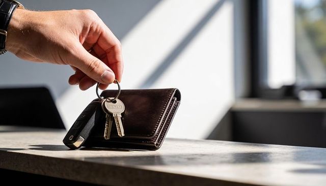 Watch-clad hand placing keys on brown leather wallet on sunlit office desk