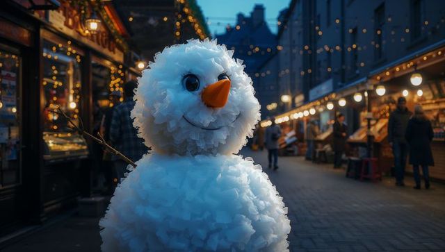 Festive Snowman in Illuminated Street on a Cobblestone Market