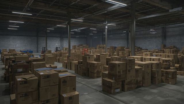 Spacious Industrial Warehouse with Stacked Cardboard Boxes and Forklifts for Logistics