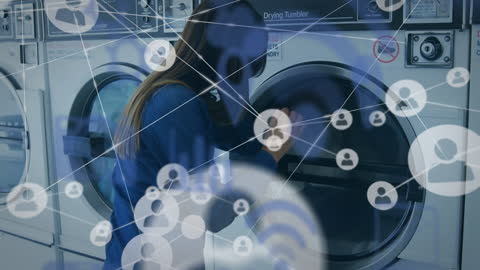 Woman at Laundromat with Network Icons Overlay Symbolizing Connectivity