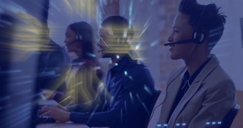 Customer Support Team Working with Headsets in Modern Call Center with Digital Motion