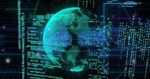Digital Globe Enveloped in Binary Code with Futuristic Effects