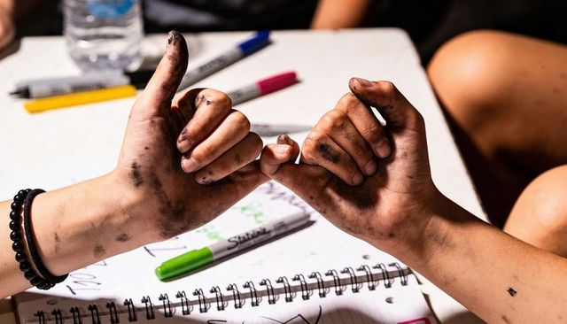 Ink-stained hands linking pinky promise over sketchbook and markers for creative teamwork