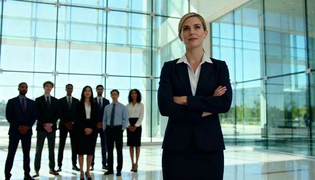 Confident female executive standing arms crossed leading diverse team in glass atrium
