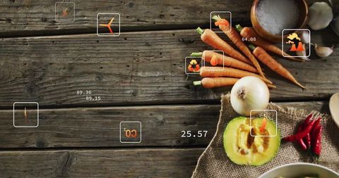 Rustic vegetables on wooden table with data overlays and sustainability icons for organic produce