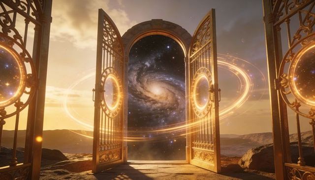 Opening ornate golden gate revealing spiral galaxy over rocky plateau at sunset