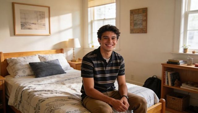 Smiling male student sitting on bed in sunlit cozy bedroom with backpack and wristwatch