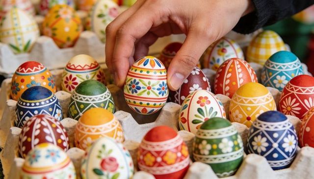 Selecting Colorful Hand-Painted Easter Eggs with Floral and Geometric Decorations