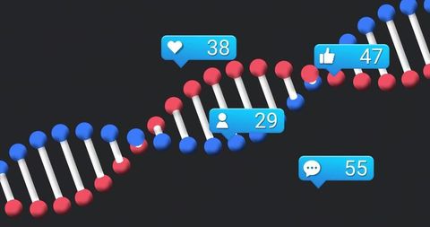 Futuristic dna helix with social media elements on dark background